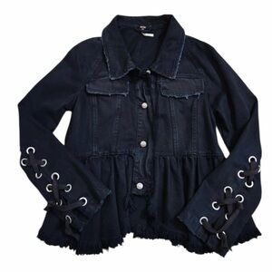 Free People Dark Denim Jacket with Lace-Up Details